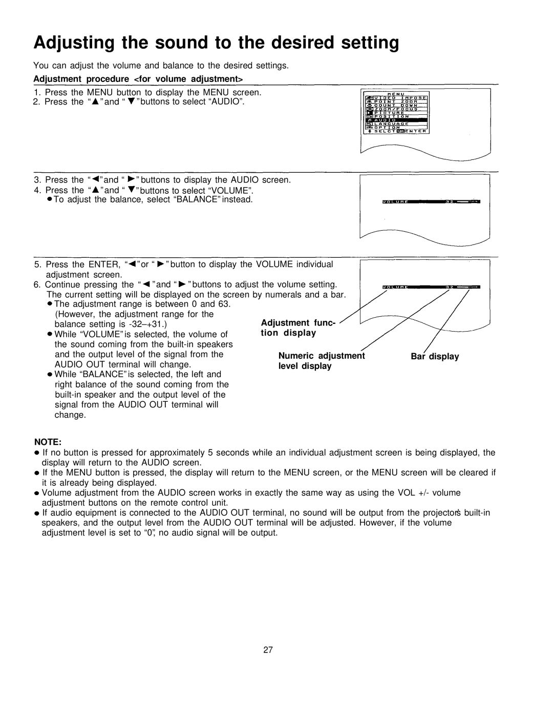 Panasonic PT-L795U manual Adjusting the sound to the desired setting, Adjustment procedure for volume adjustment 