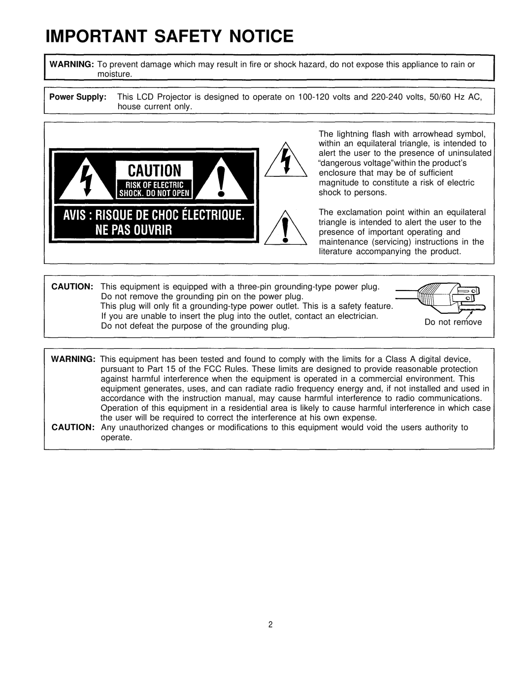 Panasonic PT-L795U manual Important Safety Notice 