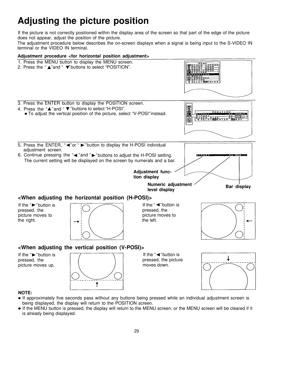 Panasonic PT-L795U manual Adjusting the picture position, When adjusting the horizontal position H-POSI 