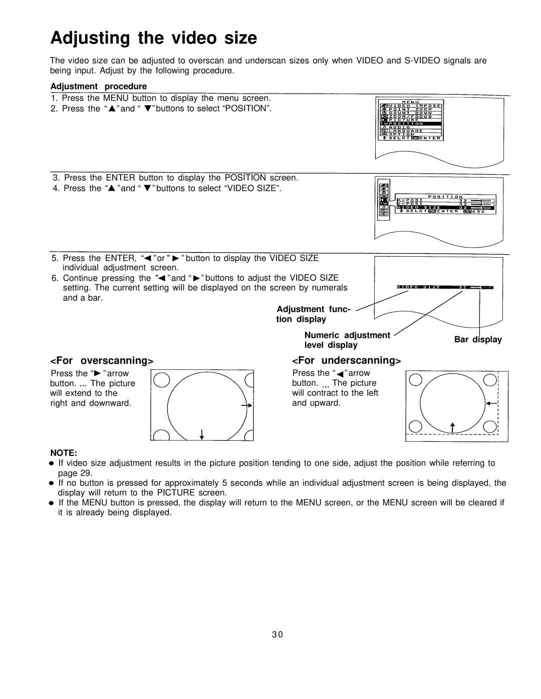 Panasonic PT-L795U manual Adjusting the video size, For overscanning, For underscanning 