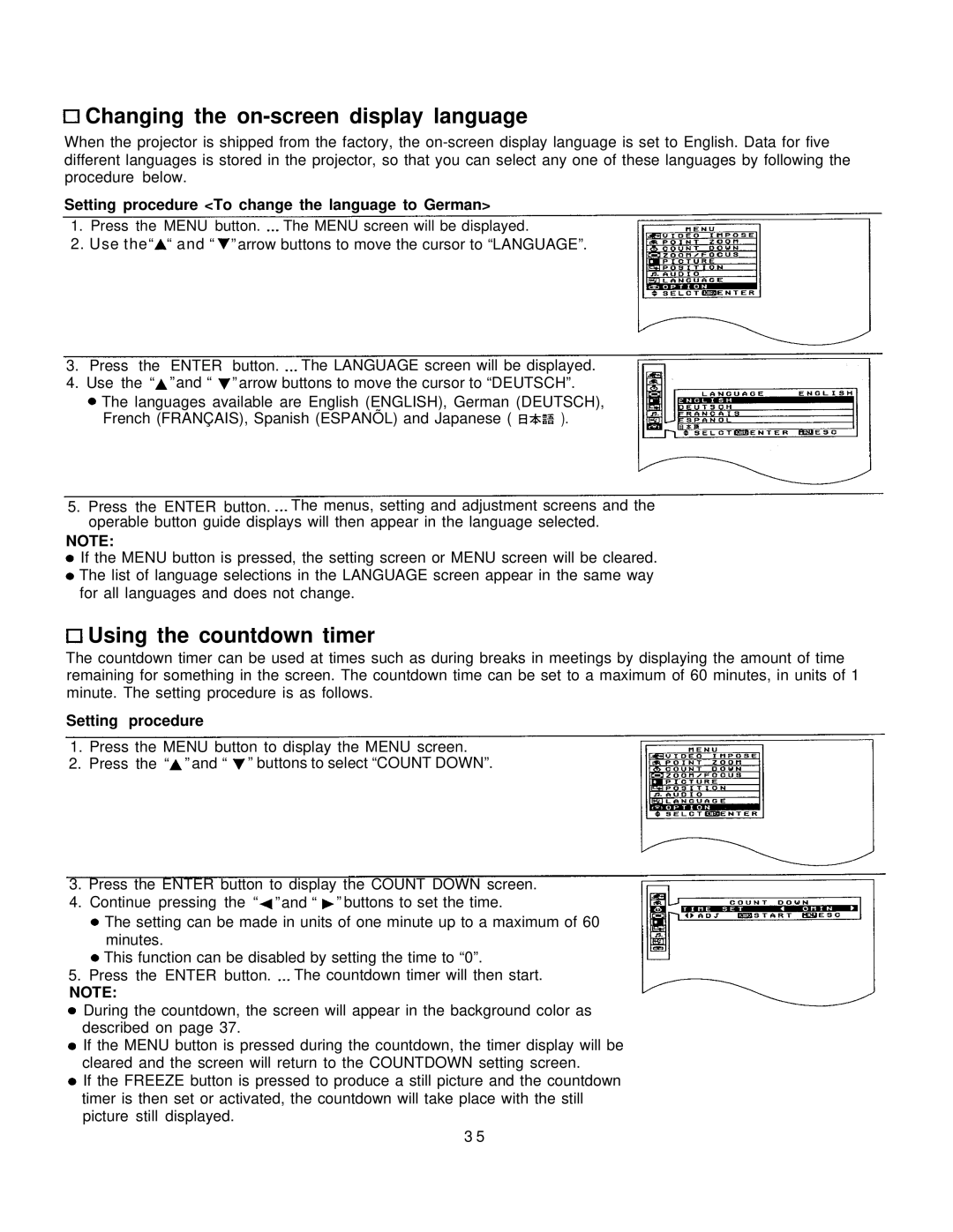 Panasonic PT-L795U manual Changing the on-screen display language, Setting procedure To change the language to German 