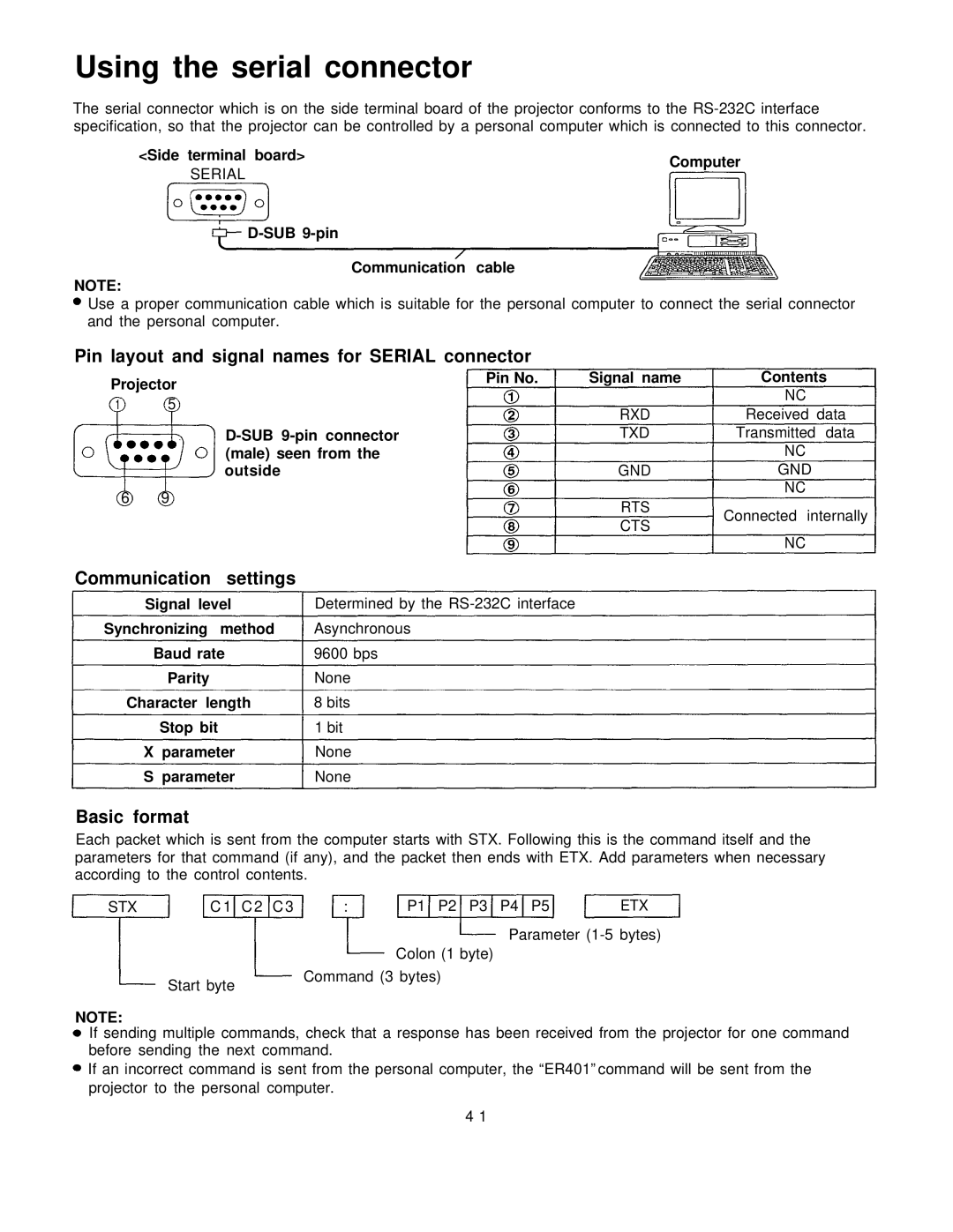 Panasonic PT-L795U Using the serial connector, Pin layout and signal names for Serial connector, Communication Settings 