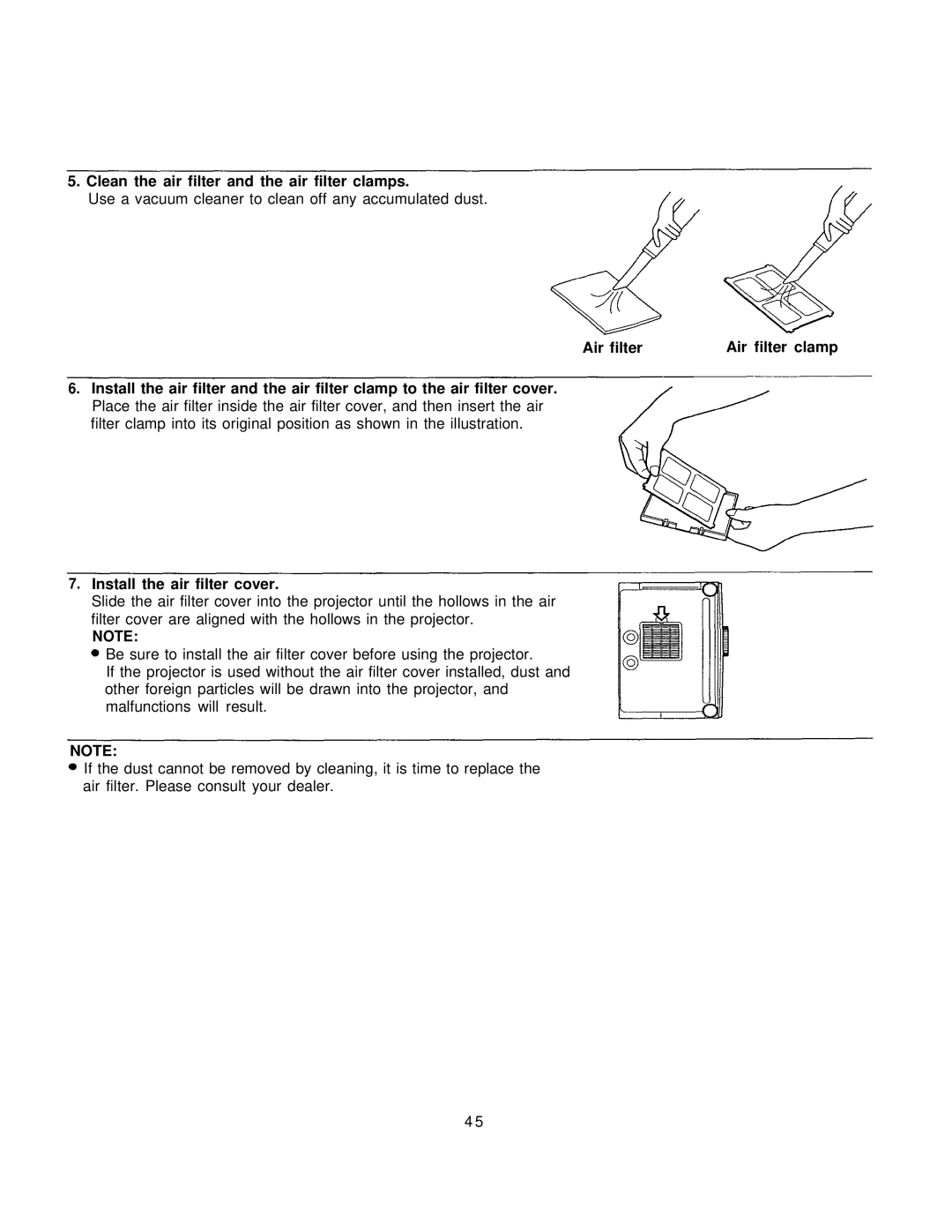 Panasonic PT-L795U manual Clean the air filter and the air filter clamps 