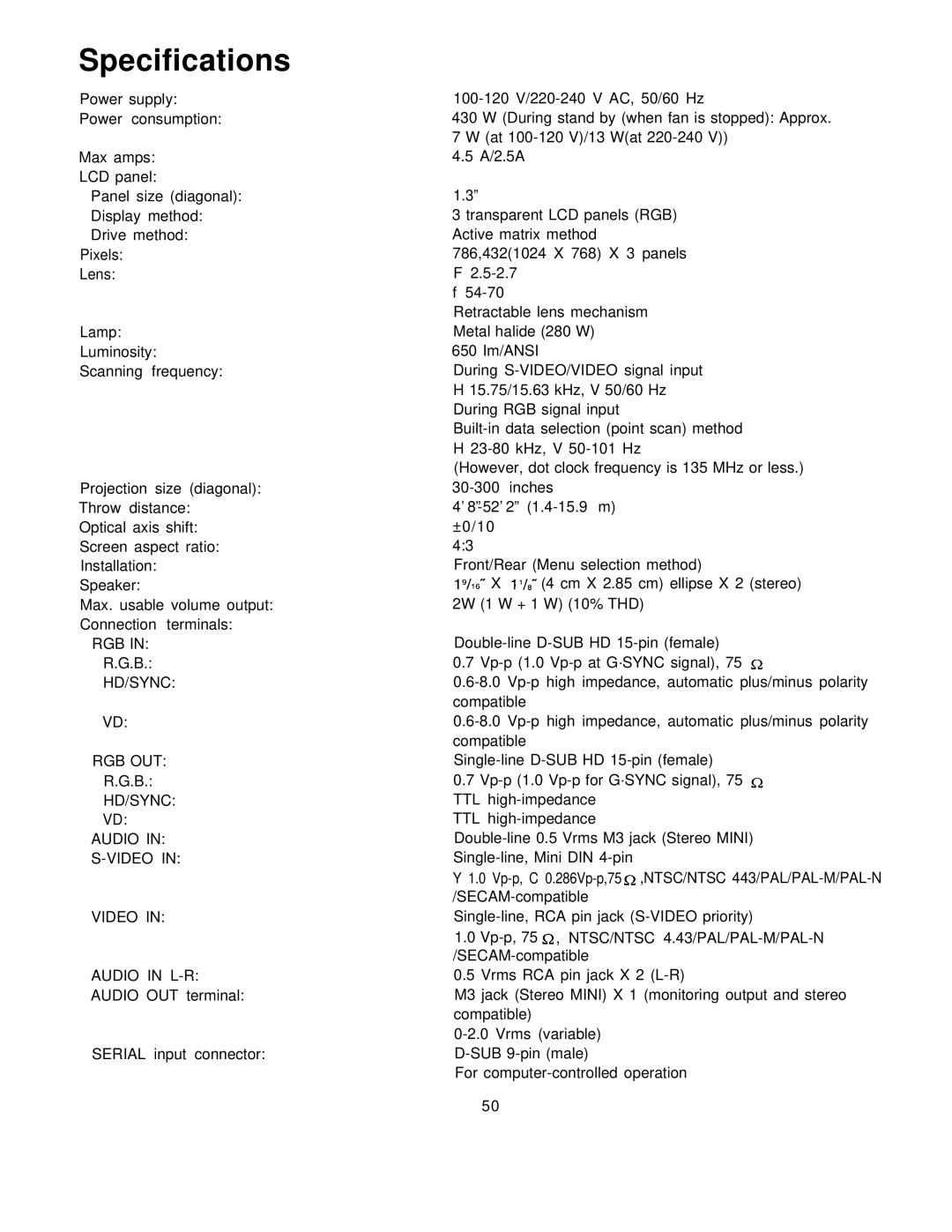 Panasonic PT-L795U manual Specifications, RGB HD/SYNC RGB OUT Audio Video Audio in L-R 