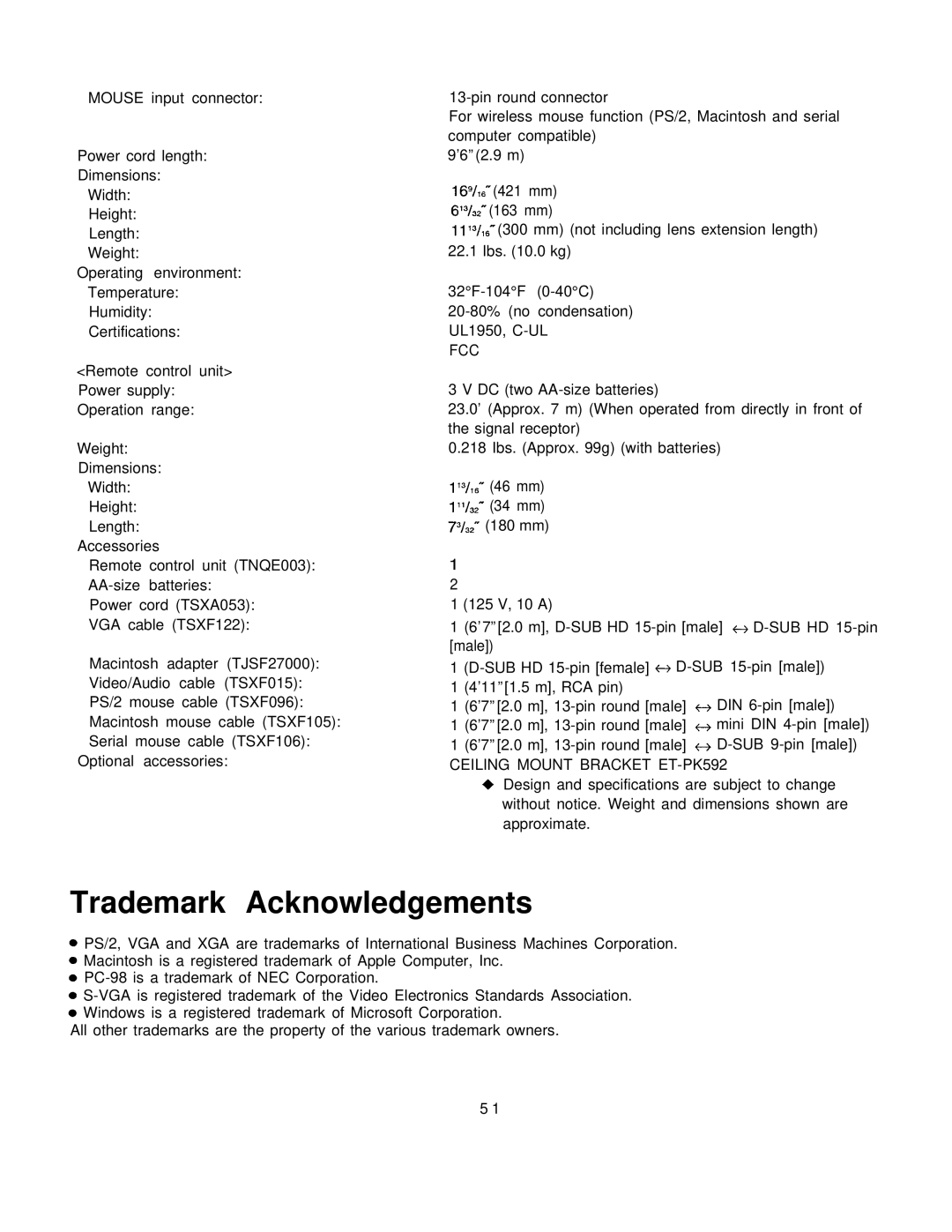 Panasonic PT-L795U manual Trademark Acknowledgements, Fcc 