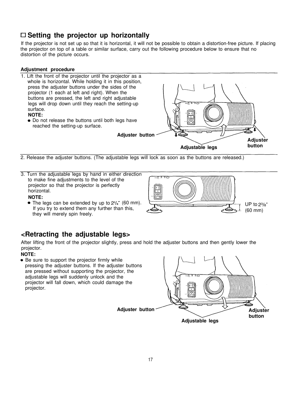Panasonic PT-L795U manual Setting the projector up horizontally, Retracting the adjustable legs 