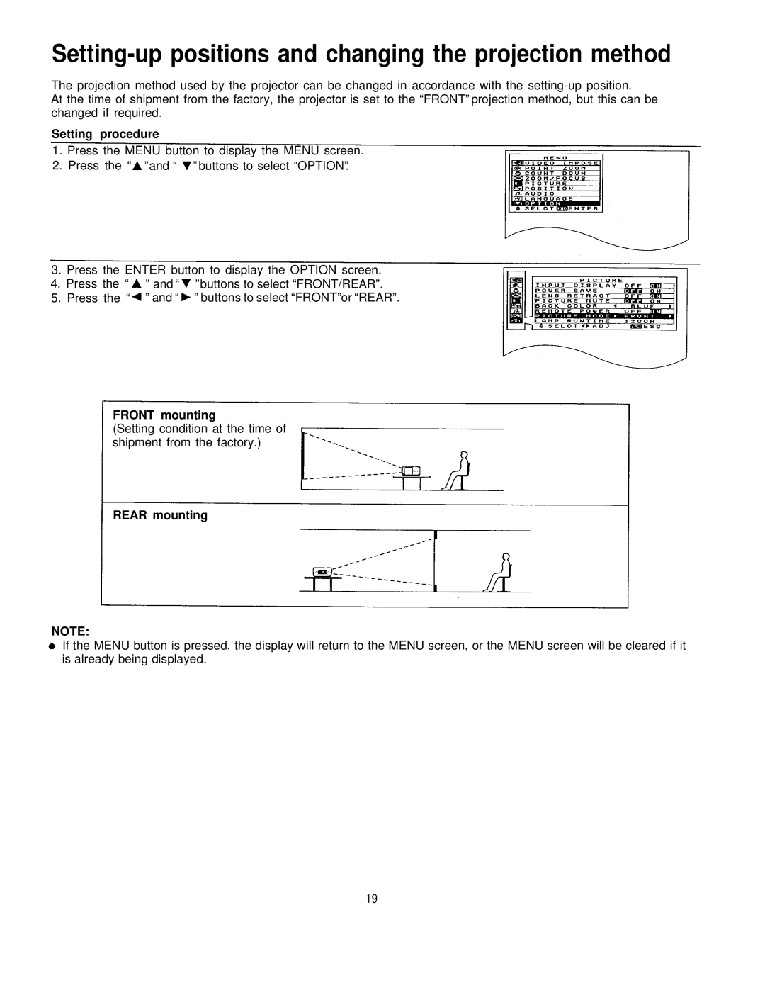 Panasonic PT-L795U manual Setting-up positions and changing the projection method, Setting procedure, FRONT mounting 