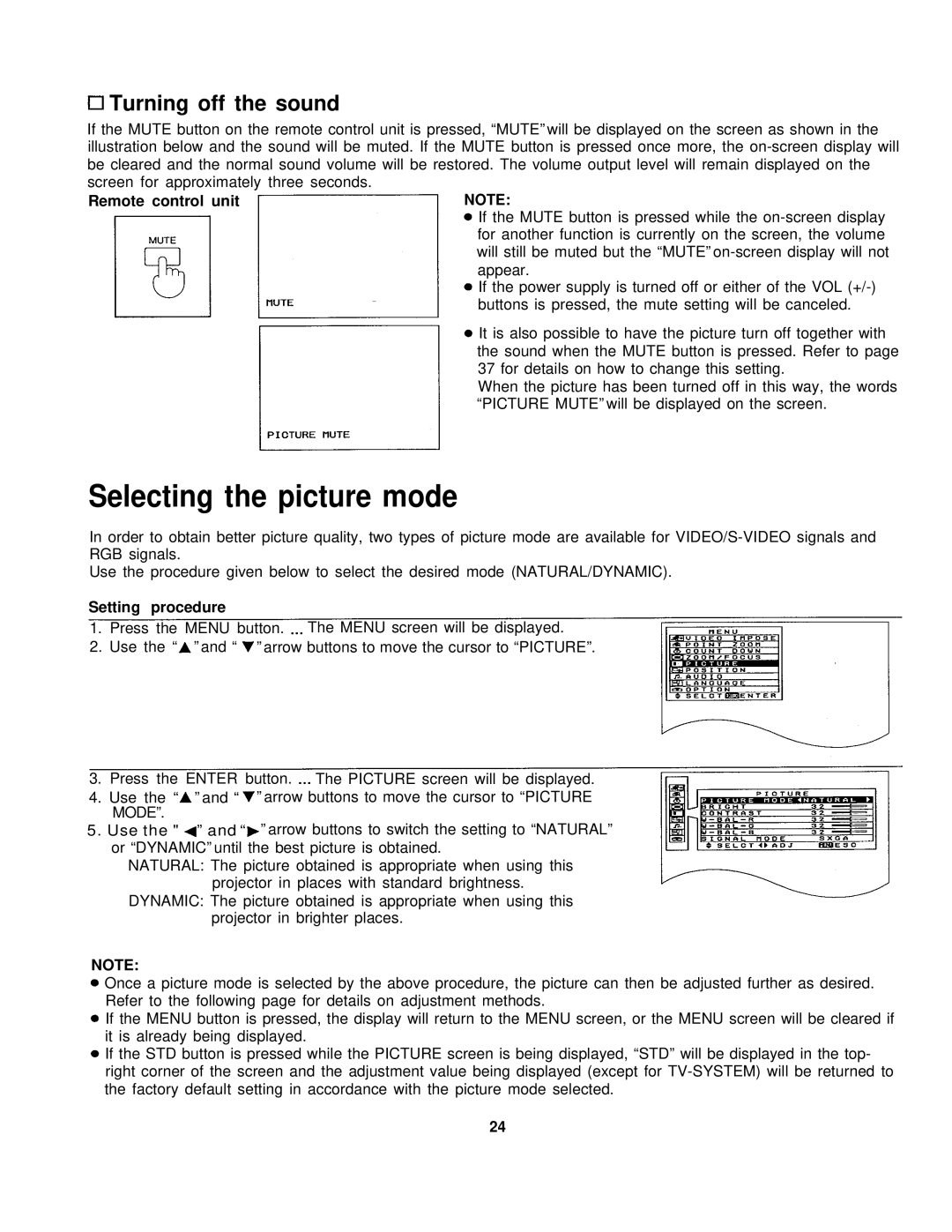 Panasonic PT-L795U manual Turning off the sound, Selecting the picture mode 