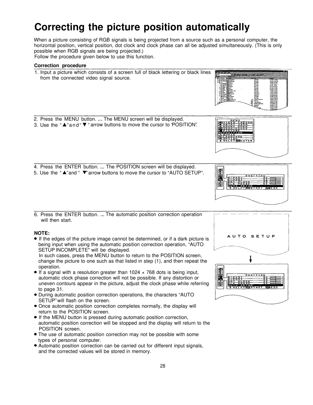 Panasonic PT-L795U manual Correcting the picture position automatically, Correction procedure 