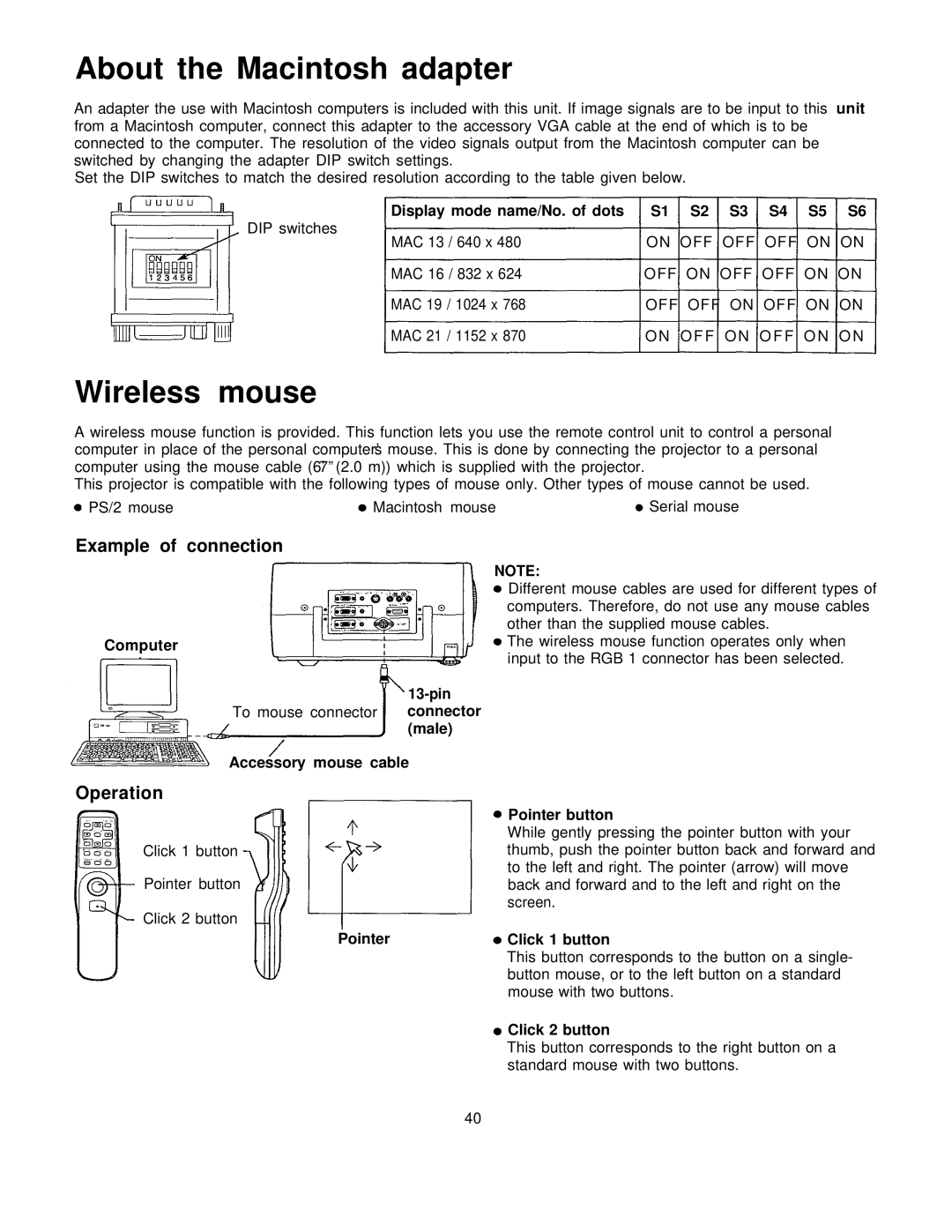 Panasonic PT-L795U manual About the Macintosh adapter, Wireless mouse, Example of connection, Operation 