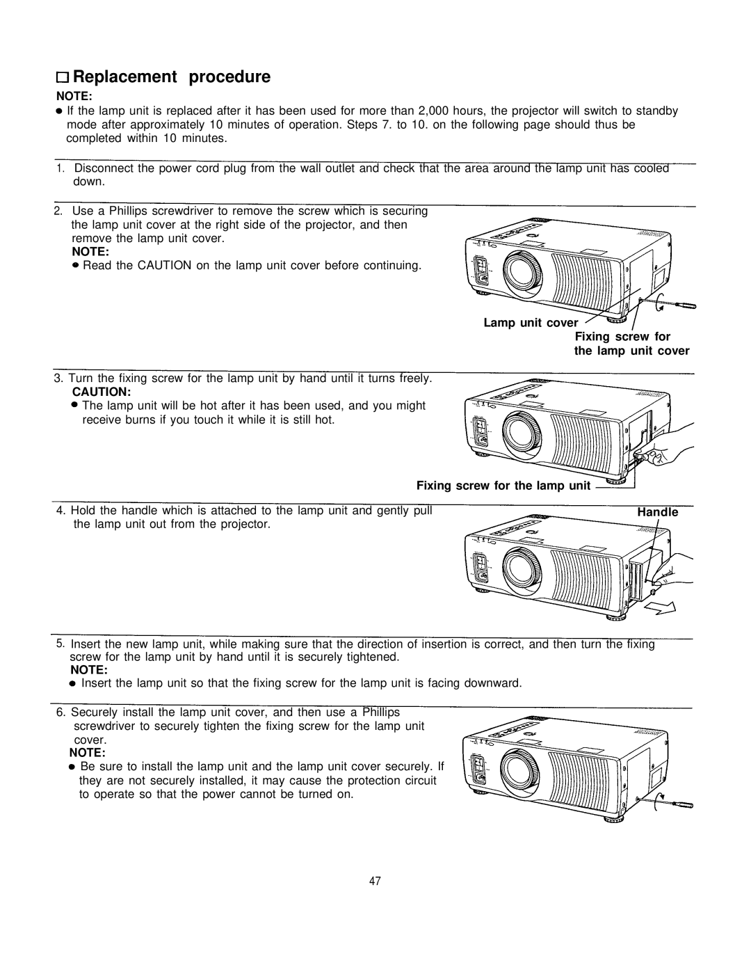 Panasonic PT-L795U manual Replacement procedure, Lamp unit cover Fixing screw for the lamp unit cover, Handle 
