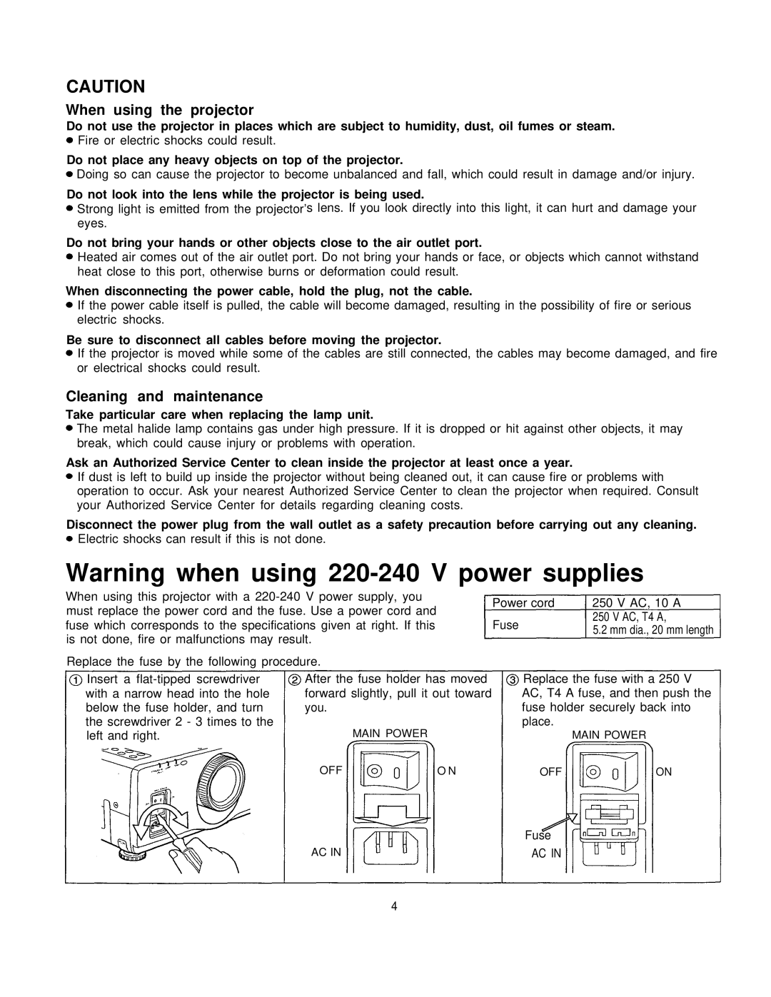 Panasonic PT-L795U manual Warning when using 220-240 V power supplies, When using the projector, Cleaning and maintenance 