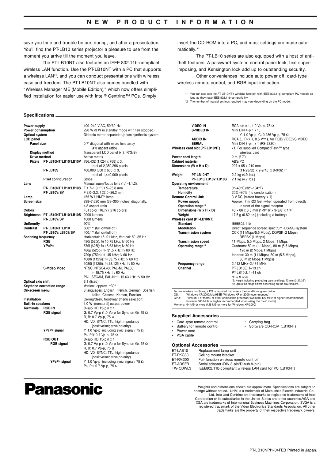 Panasonic PT-LB10NT N E W P R O D U C T I N F O R M A T I O N, Specifications, Supplied Accessories, Optional Accessories 