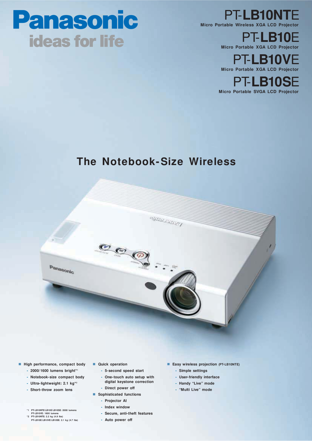 Panasonic PT-LB10SE manual PT-LB10NTE, PT-LB10E, PT-LB10VE, The Notebook-Size Wireless, Micro Portable XGA LCD Projector 
