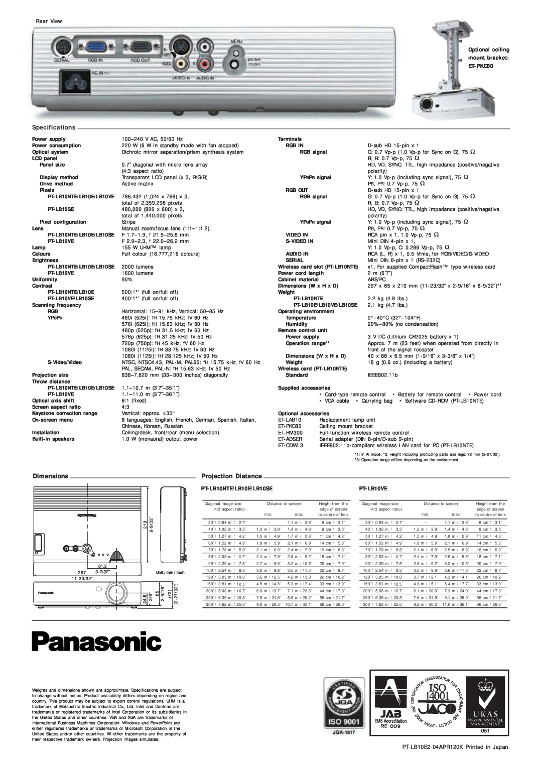Panasonic PT-LB10VE Specifications, Dimensions, Projection Distance, Optional ceiling mount bracket ET-PKC80, Temperature 
