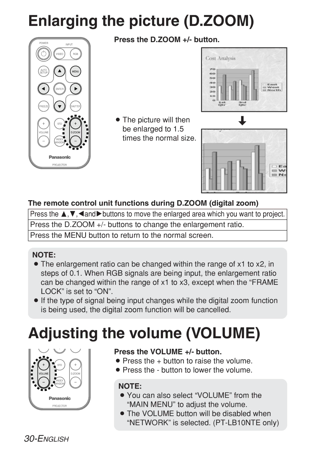 Panasonic PT-LB10NTE, PT-LB10VE Enlarging the picture D.ZOOM, Adjusting the volume Volume, Press the D.ZOOM +/- button 