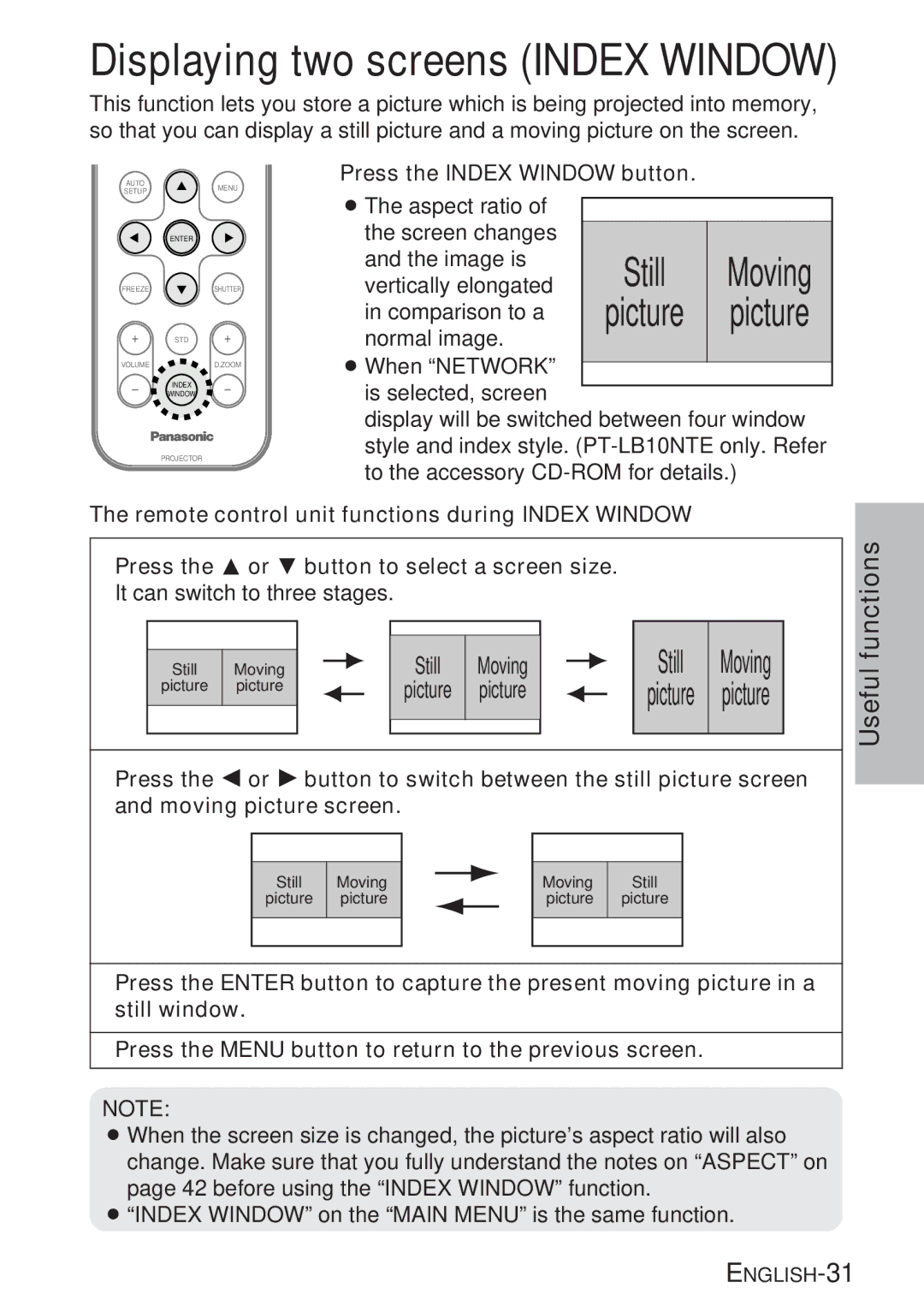 Panasonic PT-LB10E, PT-LB10VE, PT-LB10SE, PT-LB10NTE manual Displaying two screens Index Window, Press the Index Window button 