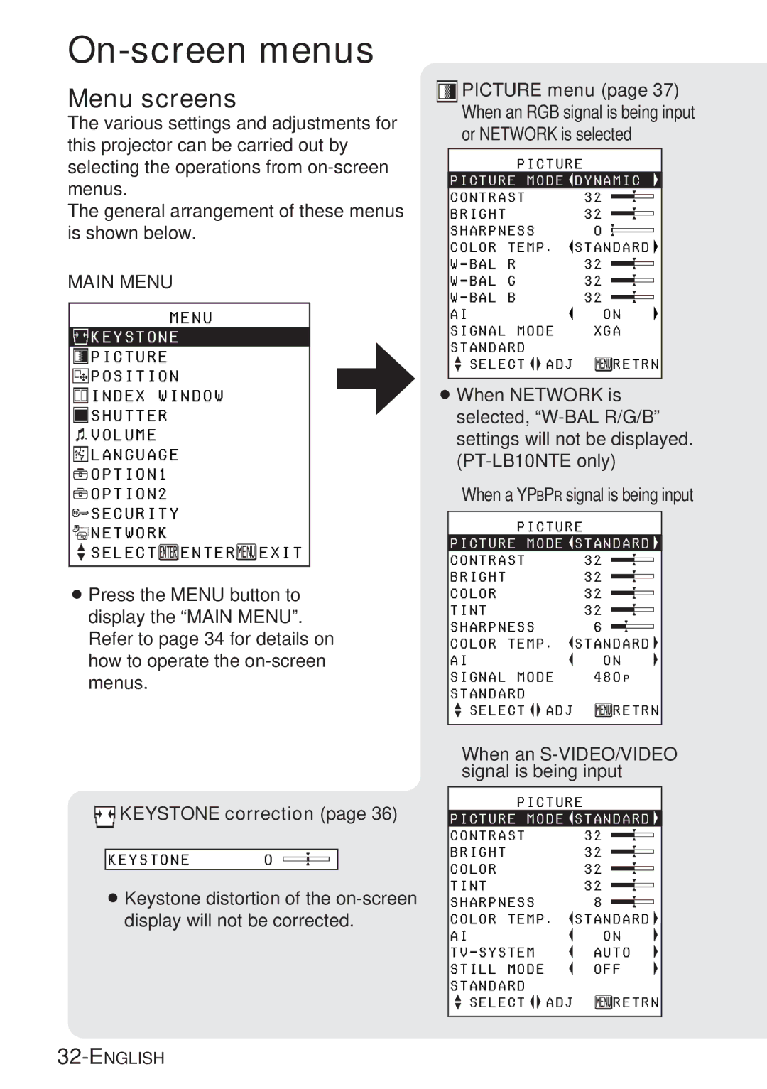 Panasonic PT-LB10VE, PT-LB10SE, PT-LB10NTE, PT-LB10E manual On-screen menus, Menu screens, Keystone correction 