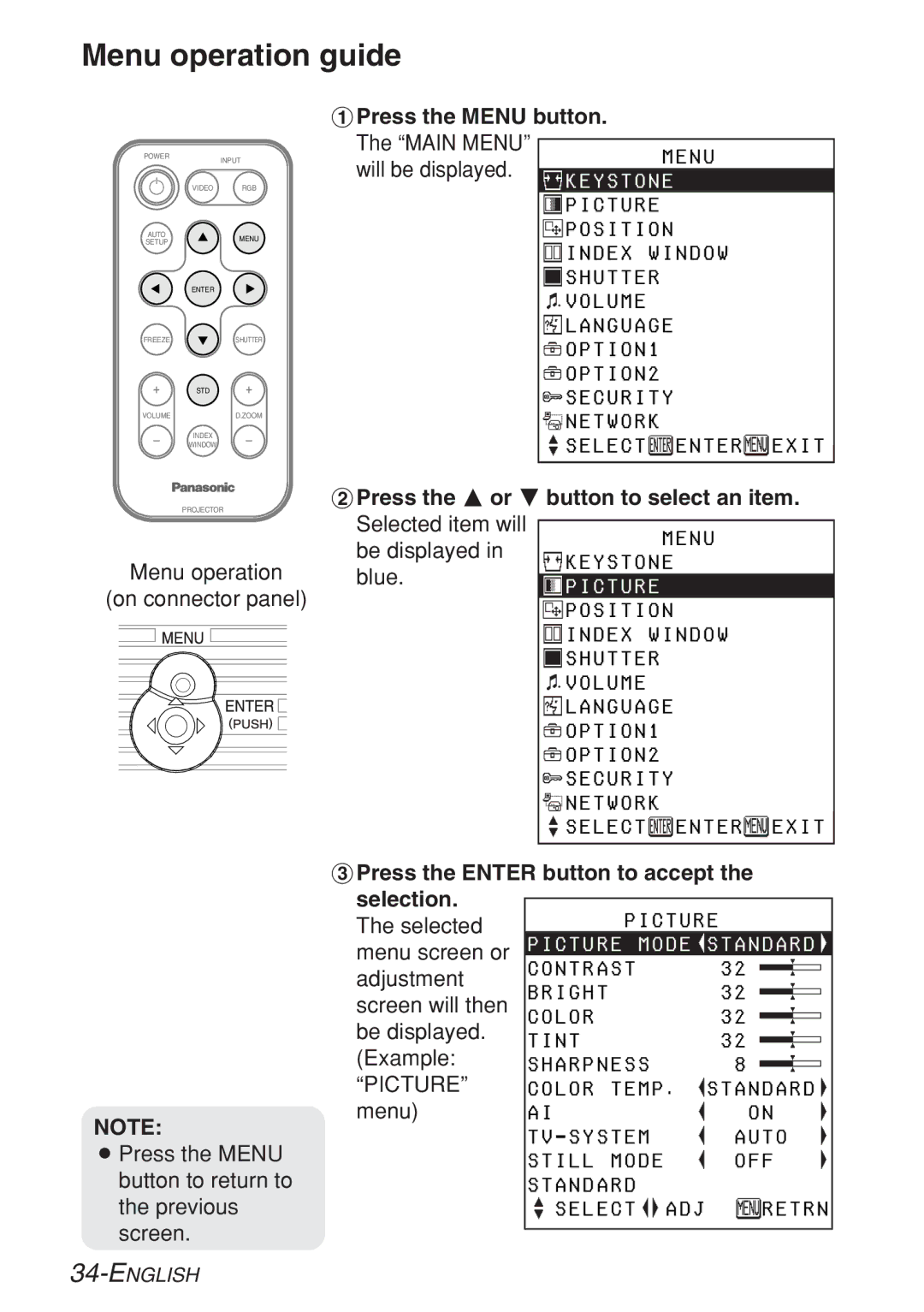 Panasonic PT-LB10NTE, PT-LB10VE, PT-LB10SE, PT-LB10E manual Menu operation guide, Picture, Select ADJ 