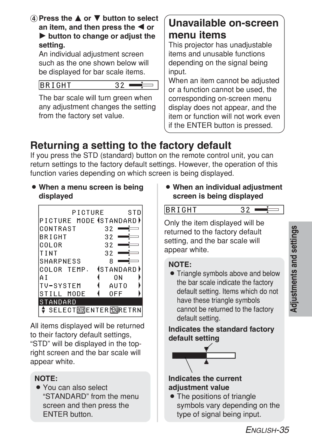 Panasonic PT-LB10E, PT-LB10VE manual Returning a setting to the factory default, Standard, Picture Mode, Bright Color 