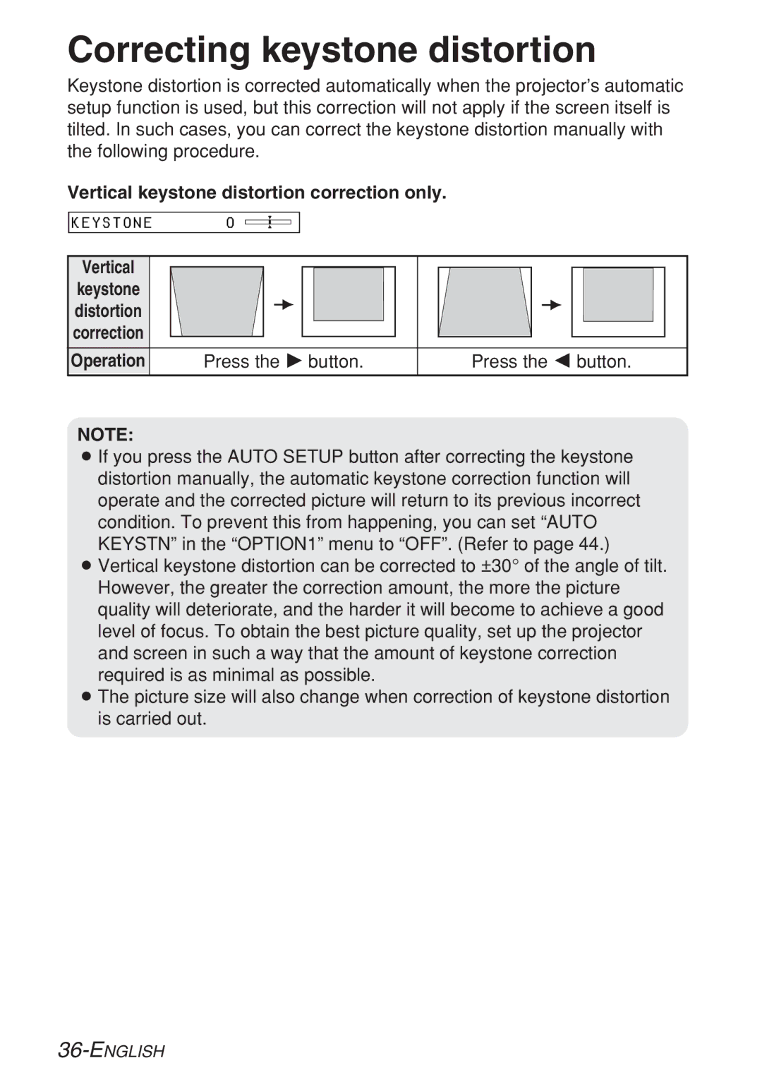 Panasonic PT-LB10VE, PT-LB10SE Correcting keystone distortion, Vertical keystone distortion correction only, Operation 