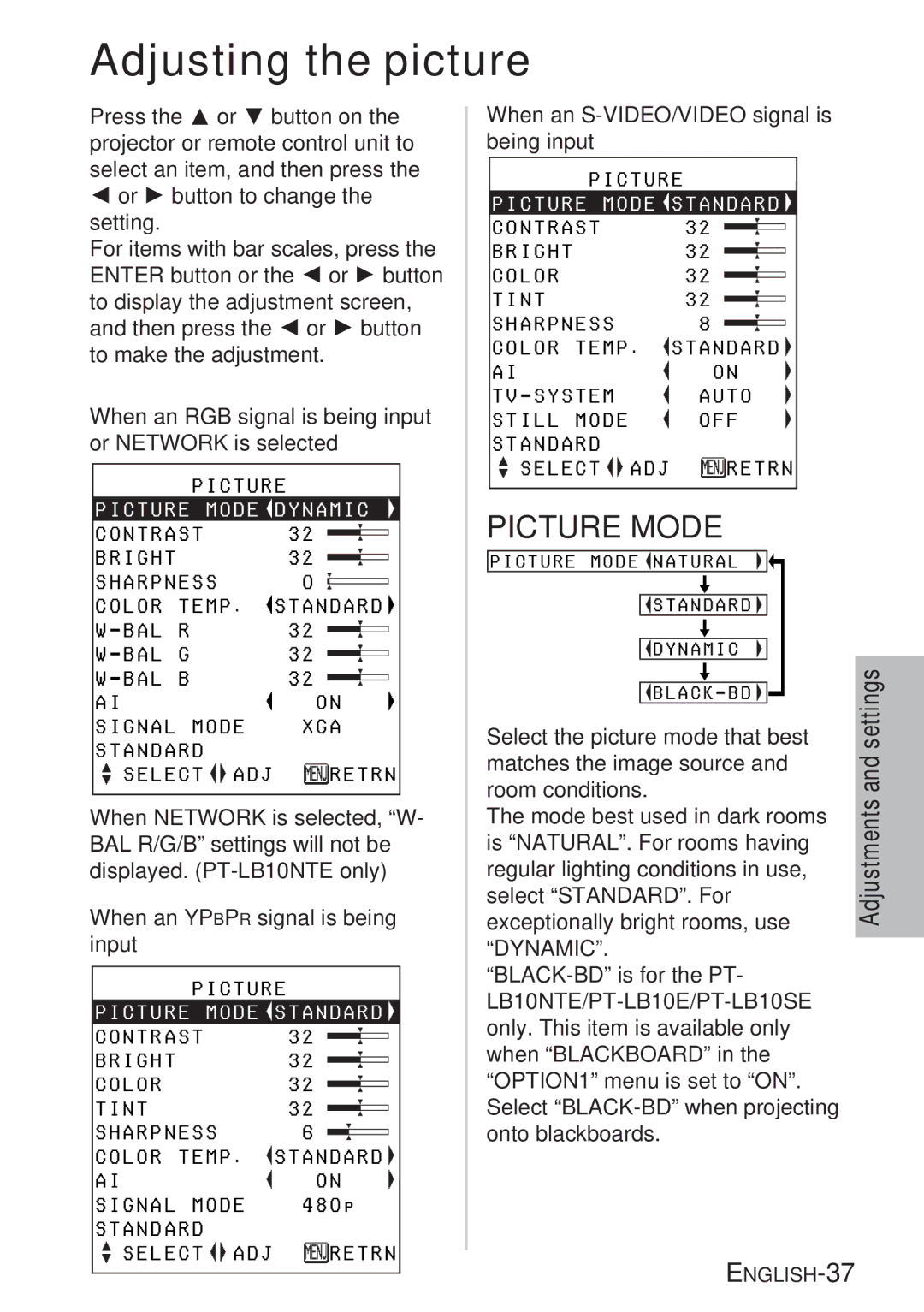 Panasonic PT-LB10SE, PT-LB10VE, PT-LB10NTE, PT-LB10E manual Adjusting the picture, Picture Mode, Dynamic 