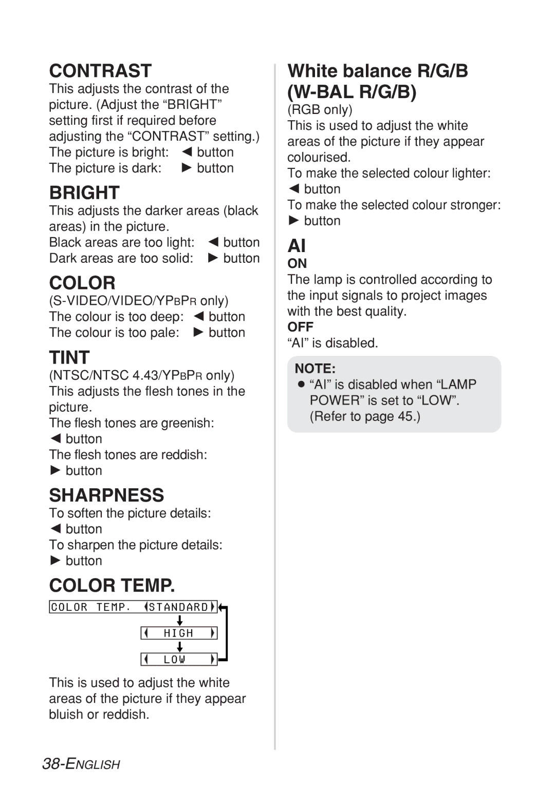 Panasonic PT-LB10NTE, PT-LB10VE, PT-LB10SE, PT-LB10E manual Contrast, Bright, Tint, Sharpness, Color Temp 