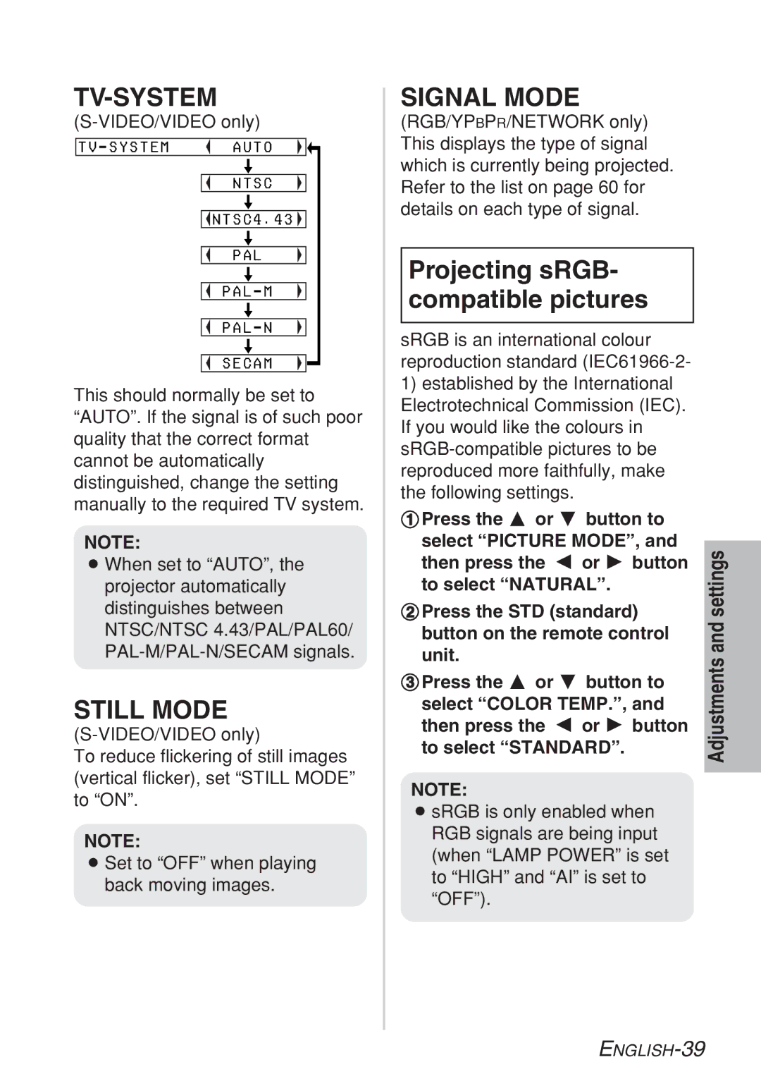 Panasonic PT-LB10E, PT-LB10VE, PT-LB10SE Tv-System, Still Mode, Signal Mode, TV-SYSTEM Auto Ntsc, PAL PAL-M PAL-N Secam 