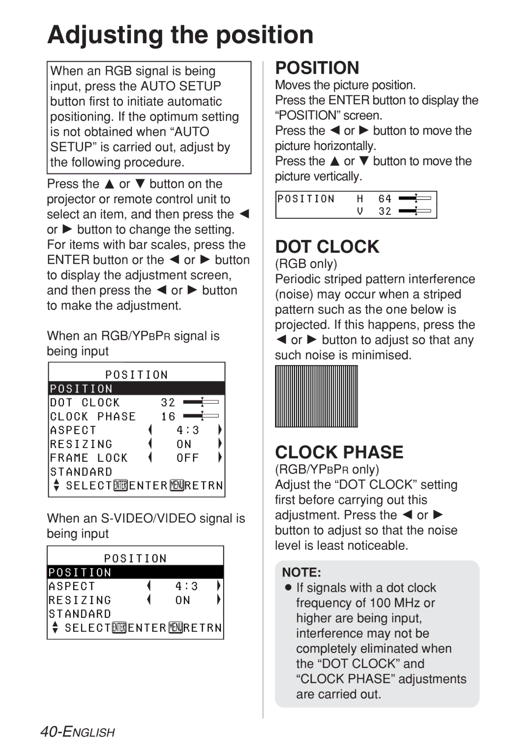 Panasonic PT-LB10VE, PT-LB10SE, PT-LB10NTE, PT-LB10E manual Adjusting the position, Position, DOT Clock, Clock Phase 