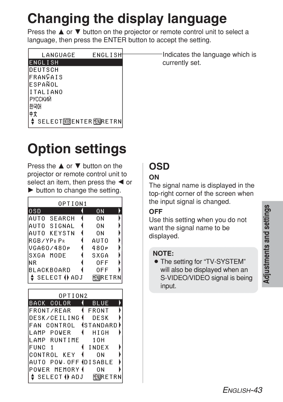 Panasonic PT-LB10E, PT-LB10VE, PT-LB10SE, PT-LB10NTE manual Changing the display language, Option settings, Osd 