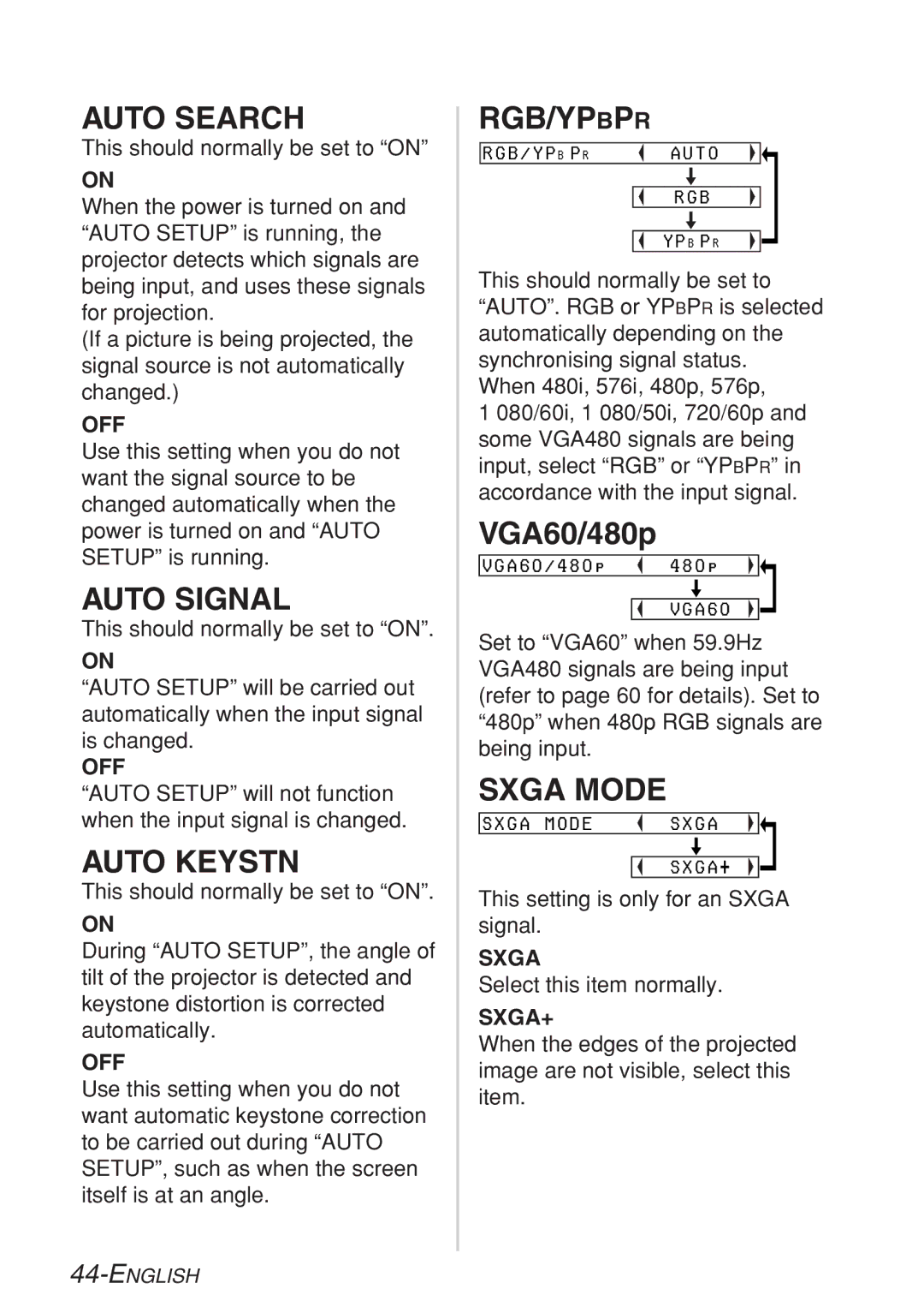 Panasonic PT-LB10VE, PT-LB10SE, PT-LB10NTE, PT-LB10E manual Auto Search, Auto Signal, Auto Keystn, Rgb/Ypbpr, Sxga Mode 