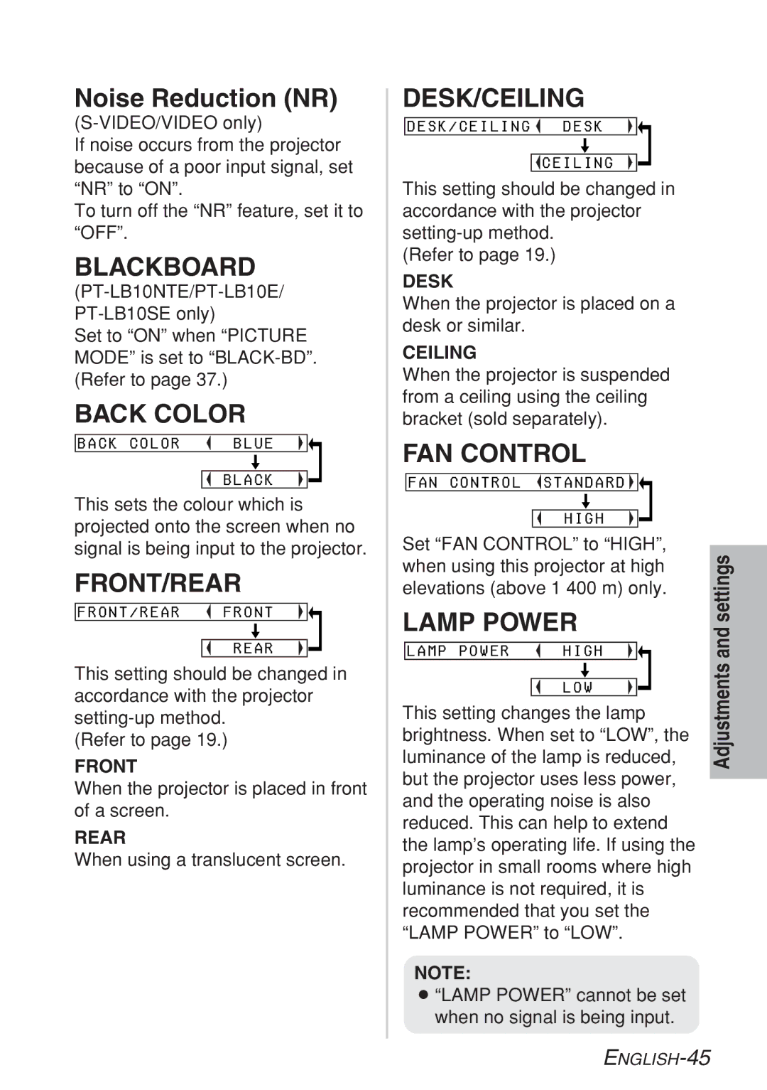 Panasonic PT-LB10SE, PT-LB10VE, PT-LB10NTE manual Blackboard, Back Color, Front/Rear, Desk/Ceiling, FAN Control, Lamp Power 