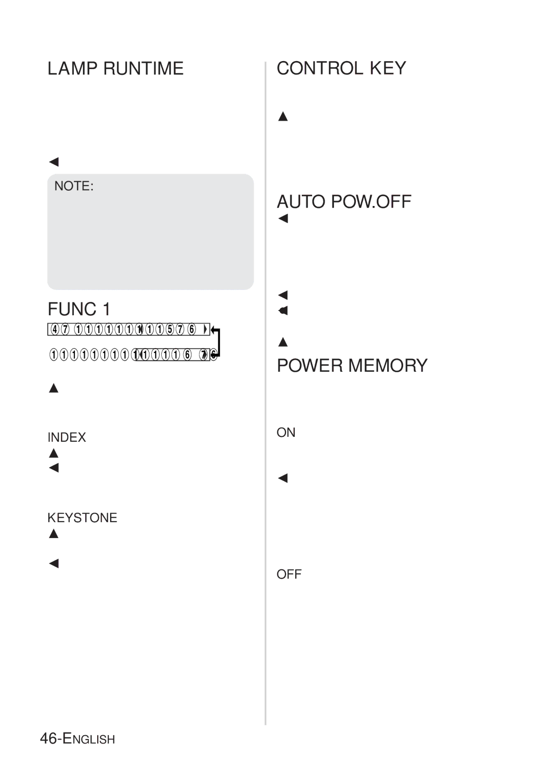 Panasonic PT-LB10NTE, PT-LB10VE, PT-LB10SE, PT-LB10E manual Lamp Runtime, Func, Control KEY, Auto POW.OFF, Power Memory 