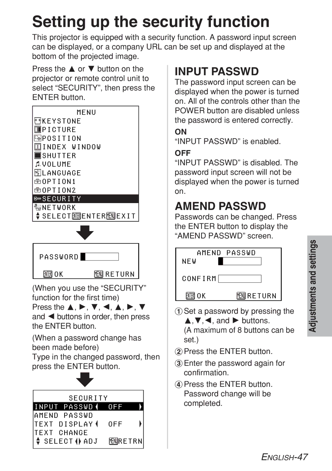 Panasonic PT-LB10E, PT-LB10VE, PT-LB10SE Setting up the security function, Security, Input Passwd OFF Amend Passwd 