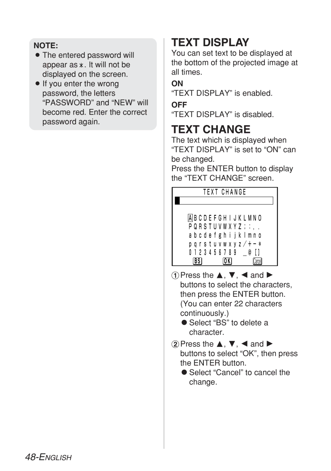 Panasonic PT-LB10VE, PT-LB10SE, PT-LB10NTE, PT-LB10E manual Text Display, Text Change 