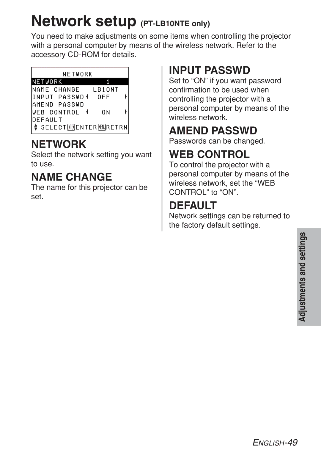 Panasonic PT-LB10SE, PT-LB10VE, PT-LB10NTE, PT-LB10E manual Network, Name Change, WEB Control, Default 