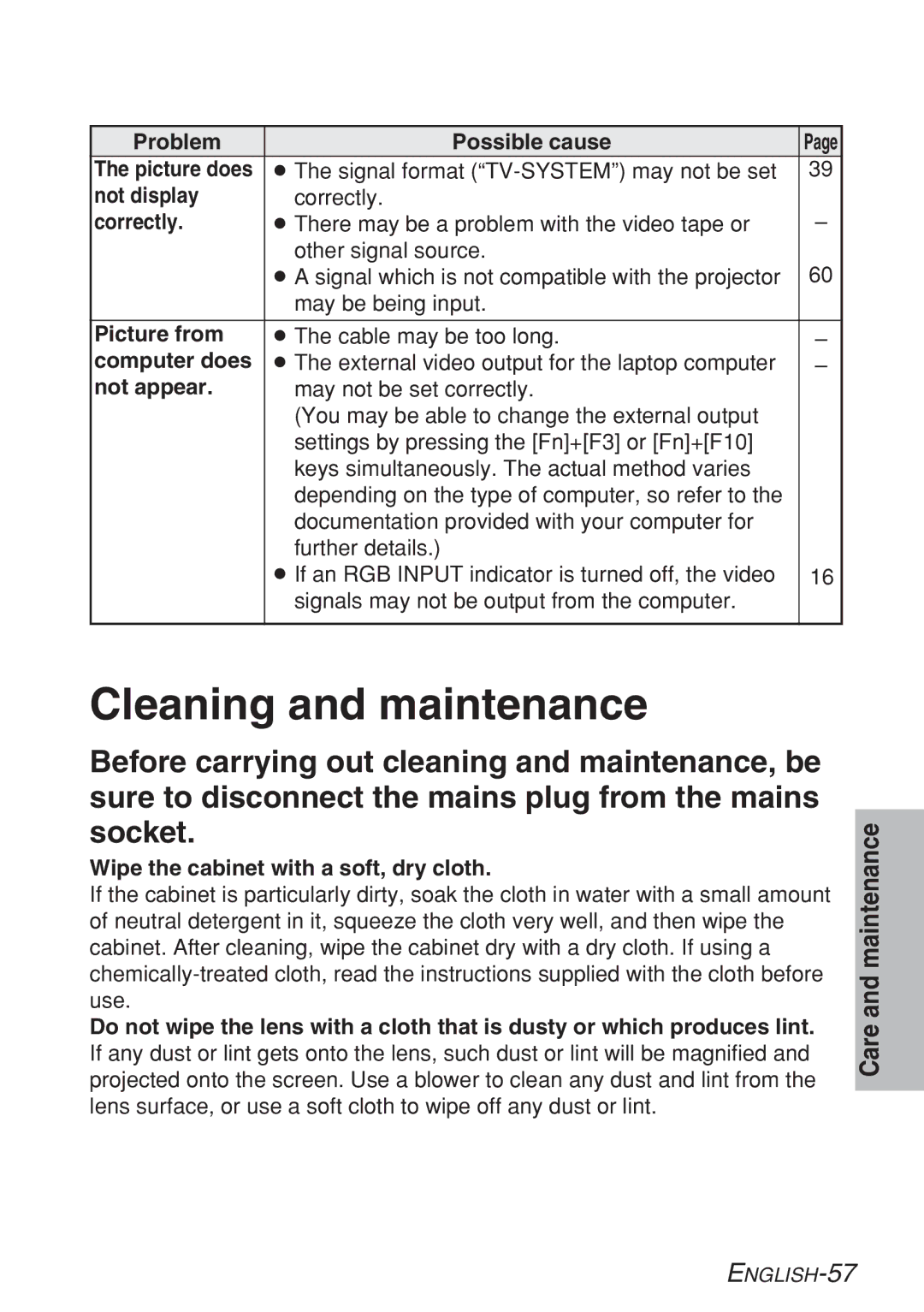 Panasonic PT-LB10SE, PT-LB10VE, PT-LB10NTE, PT-LB10E manual Cleaning and maintenance 