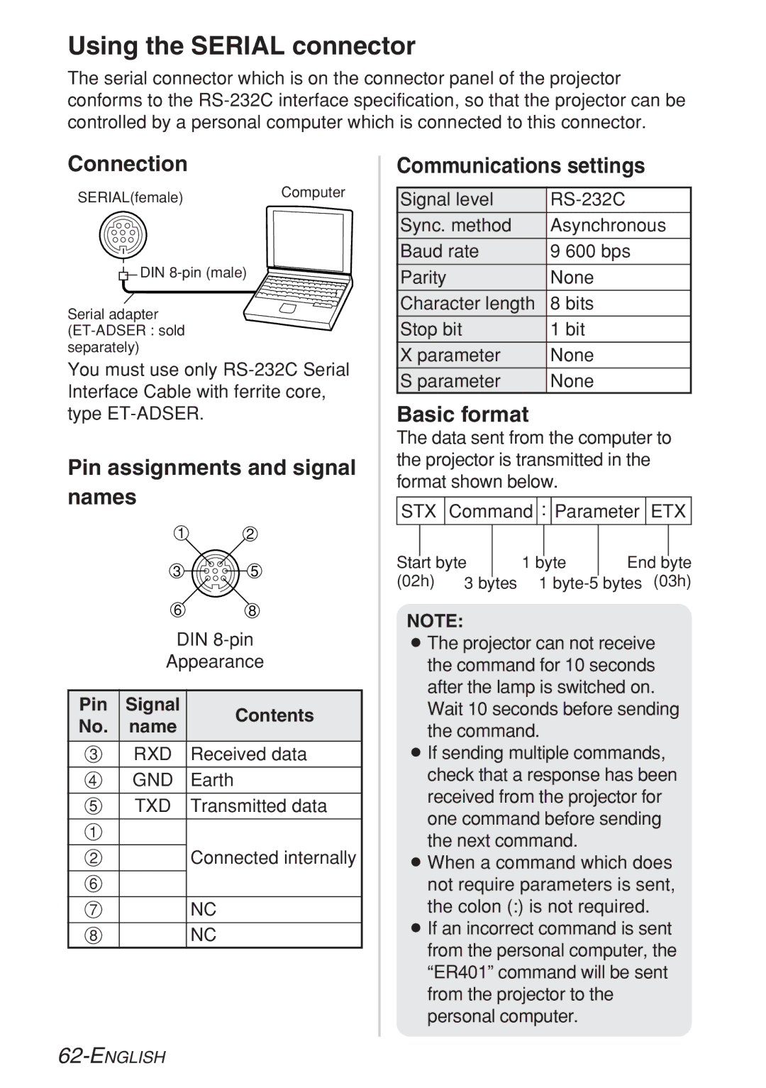 Panasonic PT-LB10NTE Using the Serial connector, Connection, Pin assignments and signal names, Communications settings 