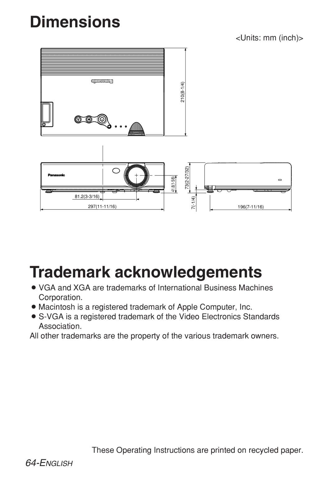 Panasonic PT-LB10VE, PT-LB10SE, PT-LB10NTE, PT-LB10E manual Dimensions, Trademark acknowledgements 