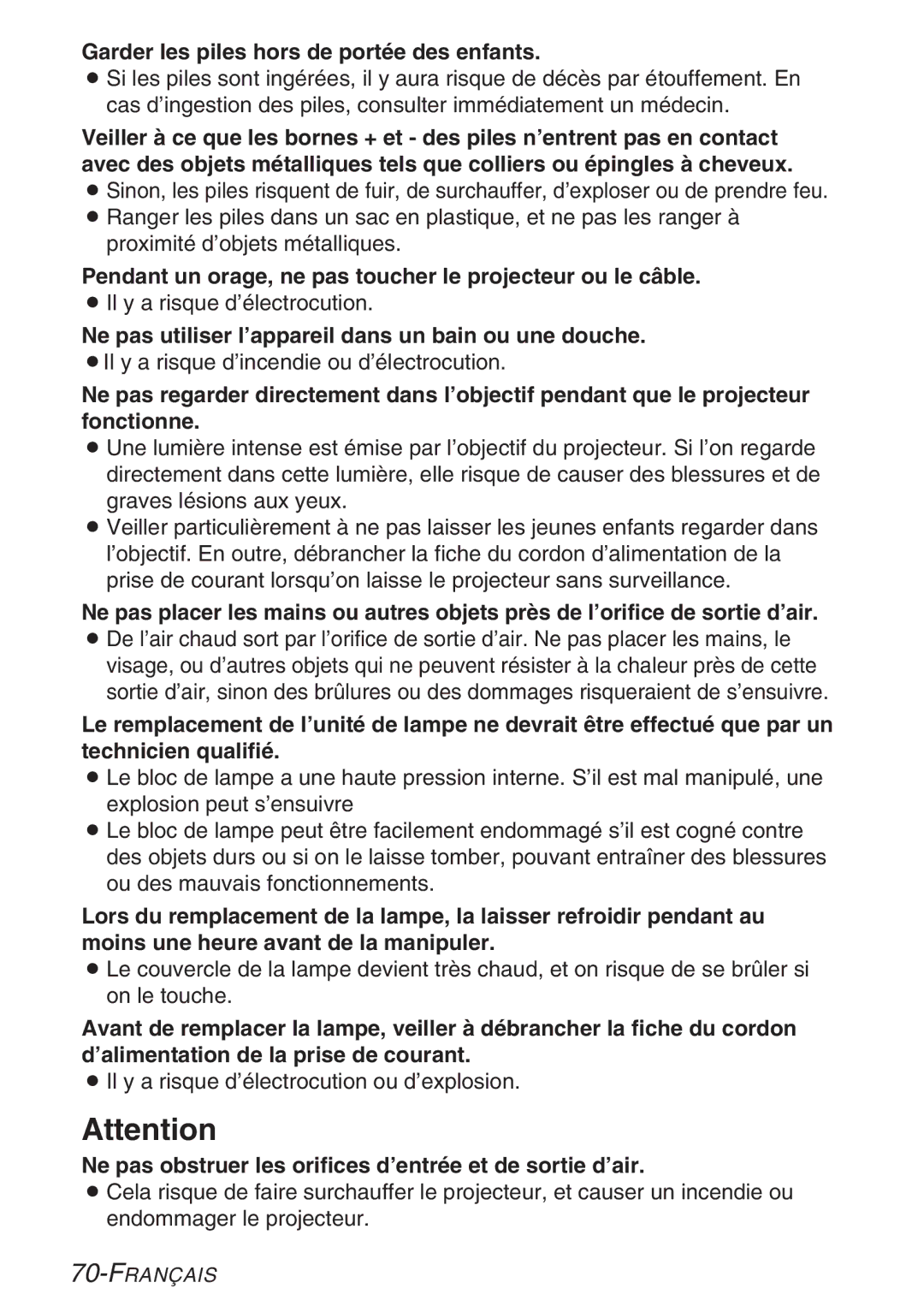 Panasonic PT-LB20 Garder les piles hors de portée des enfants, Pendant un orage, ne pas toucher le projecteur ou le câble 