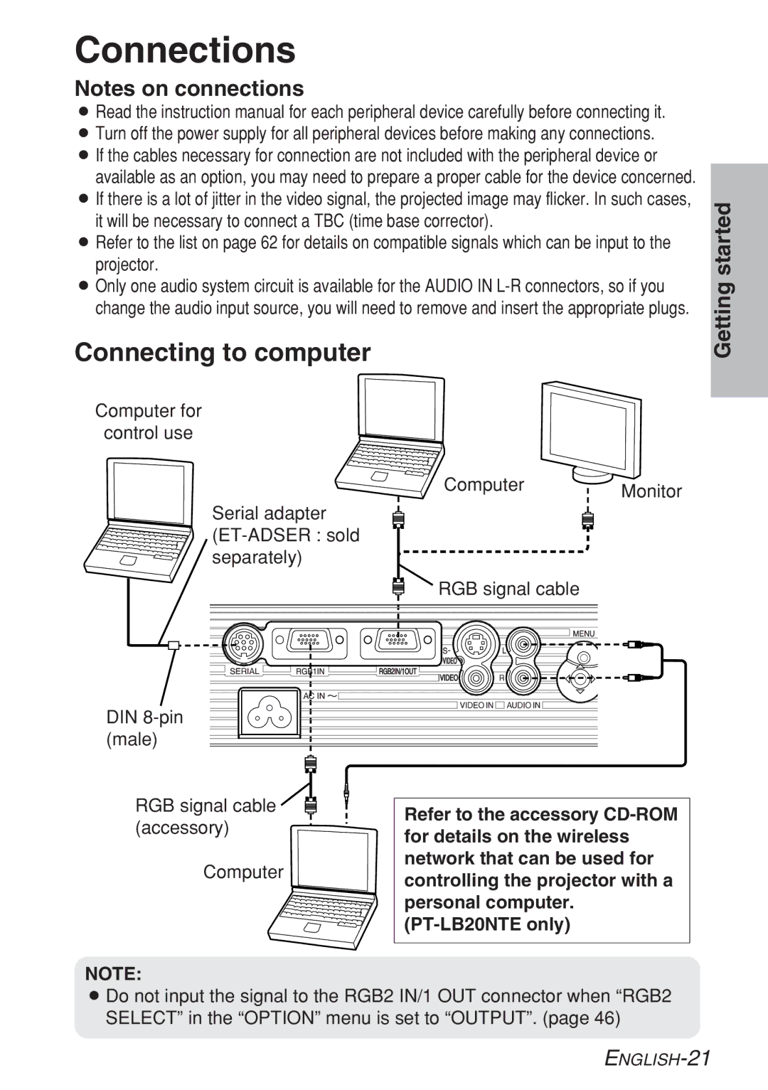 Panasonic PT-LB20E, PT-LB20NTE, PT-LB20VE, PT-LB20SE manual Connections, Connecting to computer 