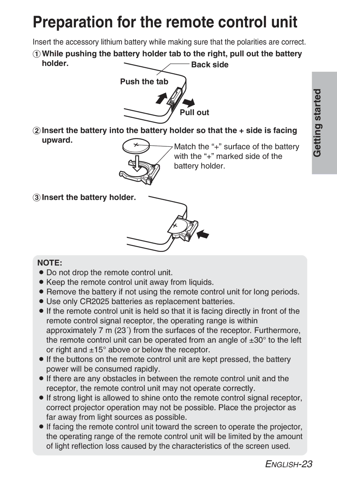 Panasonic PT-LB20SE, PT-LB20NTE, PT-LB20E, PT-LB20VE manual Preparation for the remote control unit, Insert the battery holder 