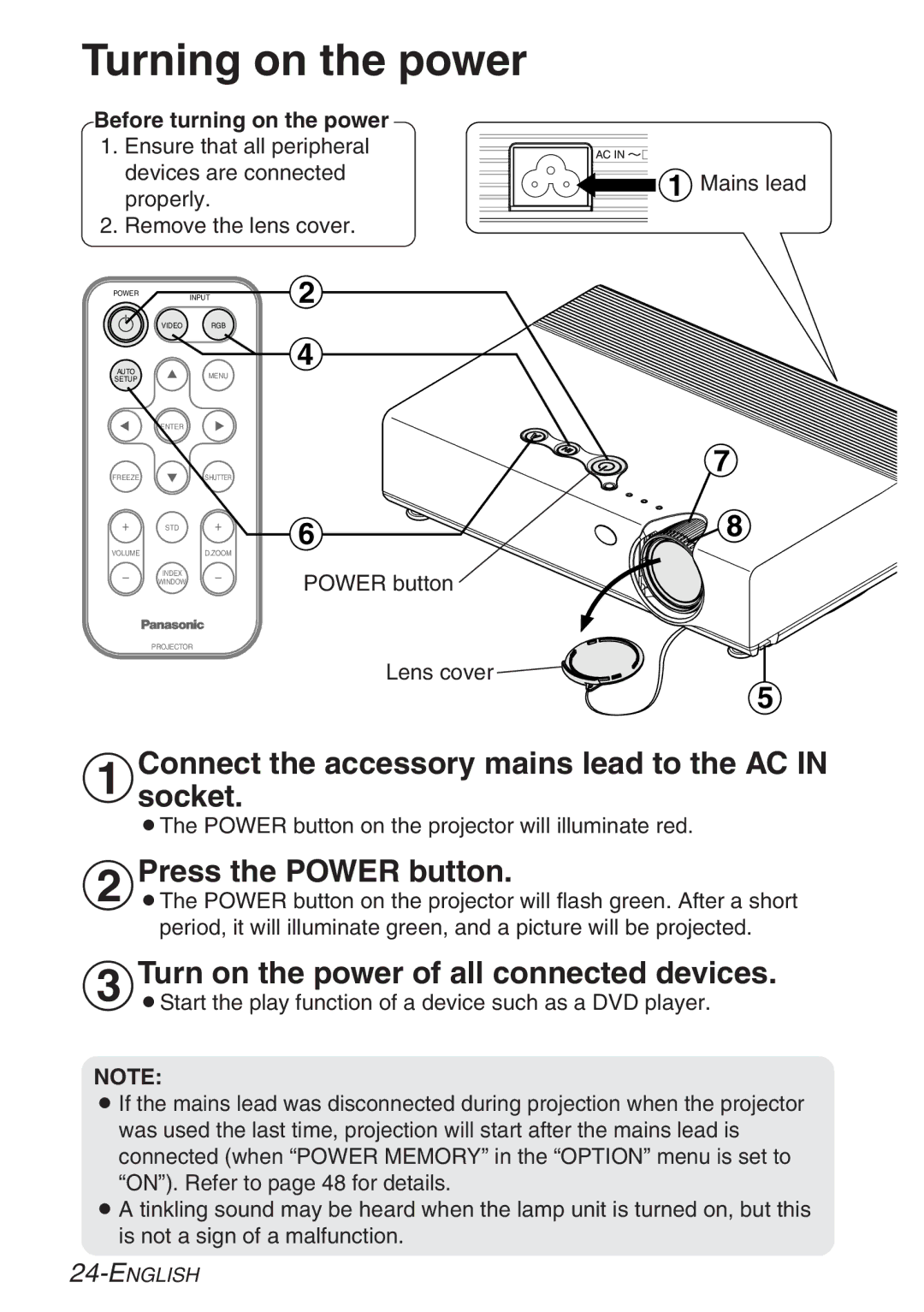 Panasonic PT-LB20NTE, PT-LB20E Turning on the power, $Press the Power button, Turn on the power of all connected devices 