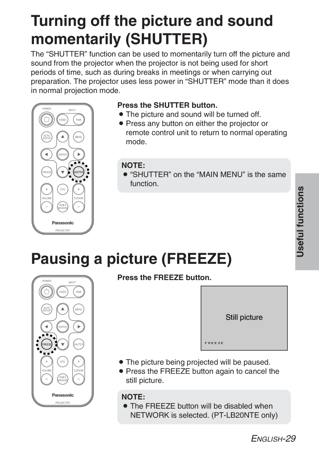 Panasonic PT-LB20E, PT-LB20NTE, PT-LB20VE Turning off the picture and sound momentarily Shutter, Pausing a picture Freeze 