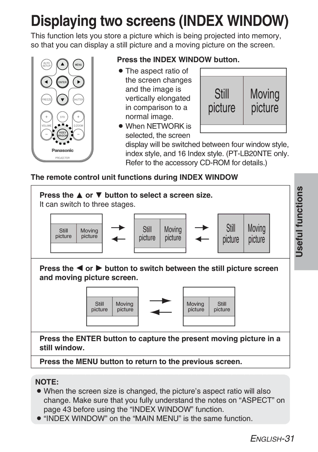 Panasonic PT-LB20SE, PT-LB20NTE, PT-LB20E, PT-LB20VE manual Displaying two screens Index Window, Press the Index Window button 