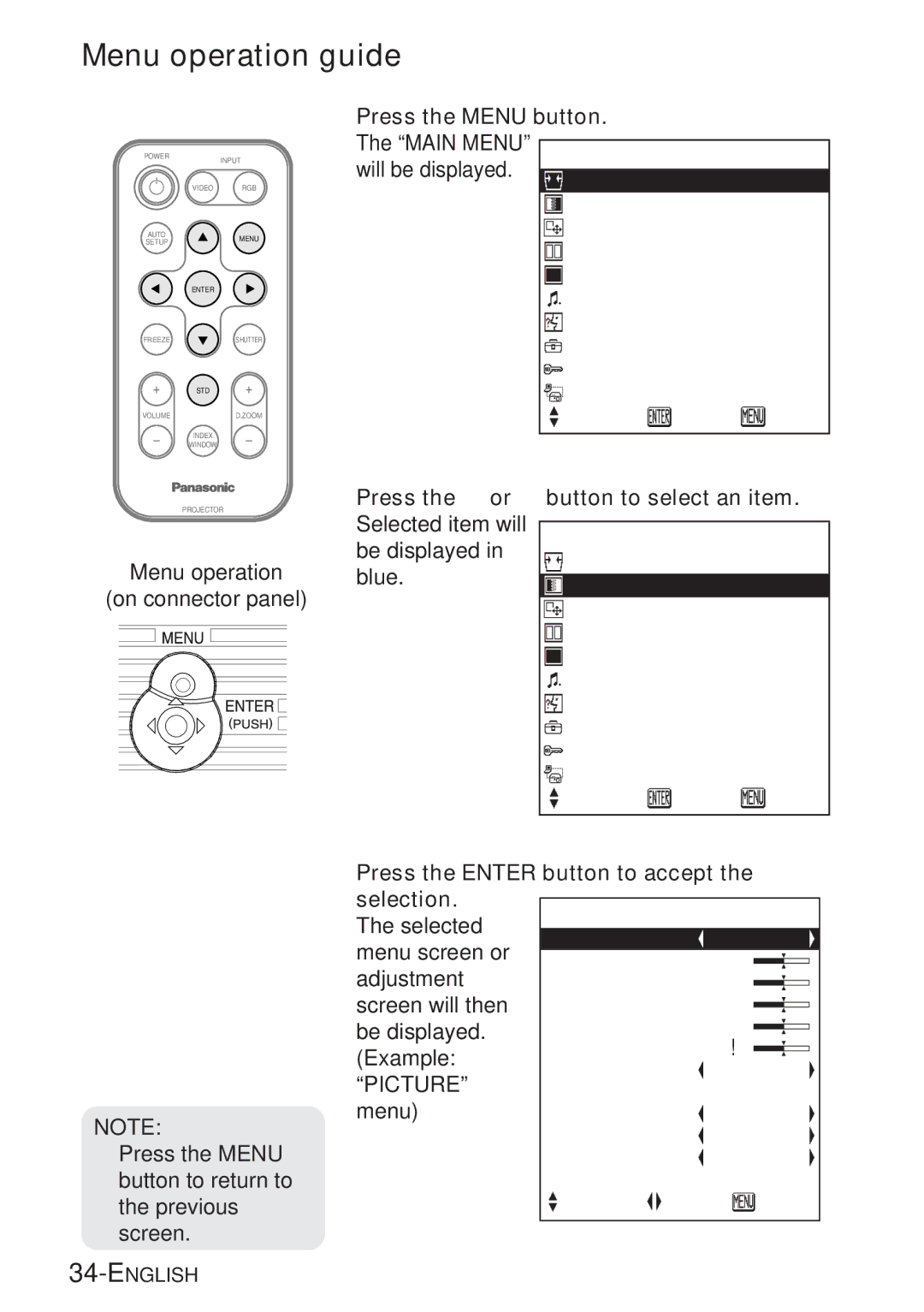 Panasonic PT-LB20VE, PT-LB20NTE, PT-LB20E, PT-LB20SE manual Menu operation guide 