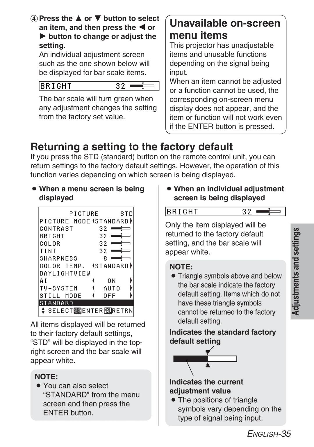 Panasonic PT-LB20SE manual Returning a setting to the factory default, Std, Contrast Bright Color Tint Sharpness Color Temp 