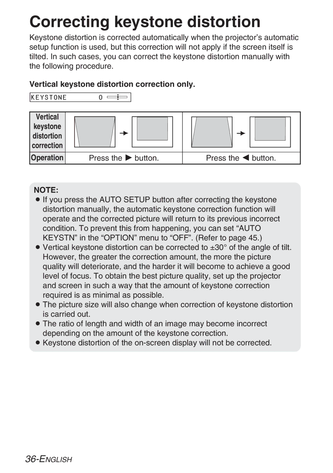 Panasonic PT-LB20NTE, PT-LB20E Correcting keystone distortion, Vertical keystone distortion correction only, Operation 