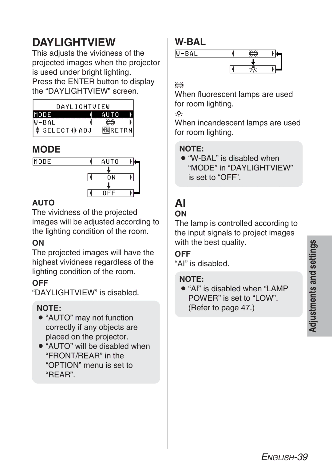 Panasonic PT-LB20SE, PT-LB20NTE, PT-LB20E, PT-LB20VE manual Daylightview, Mode Auto OFF 