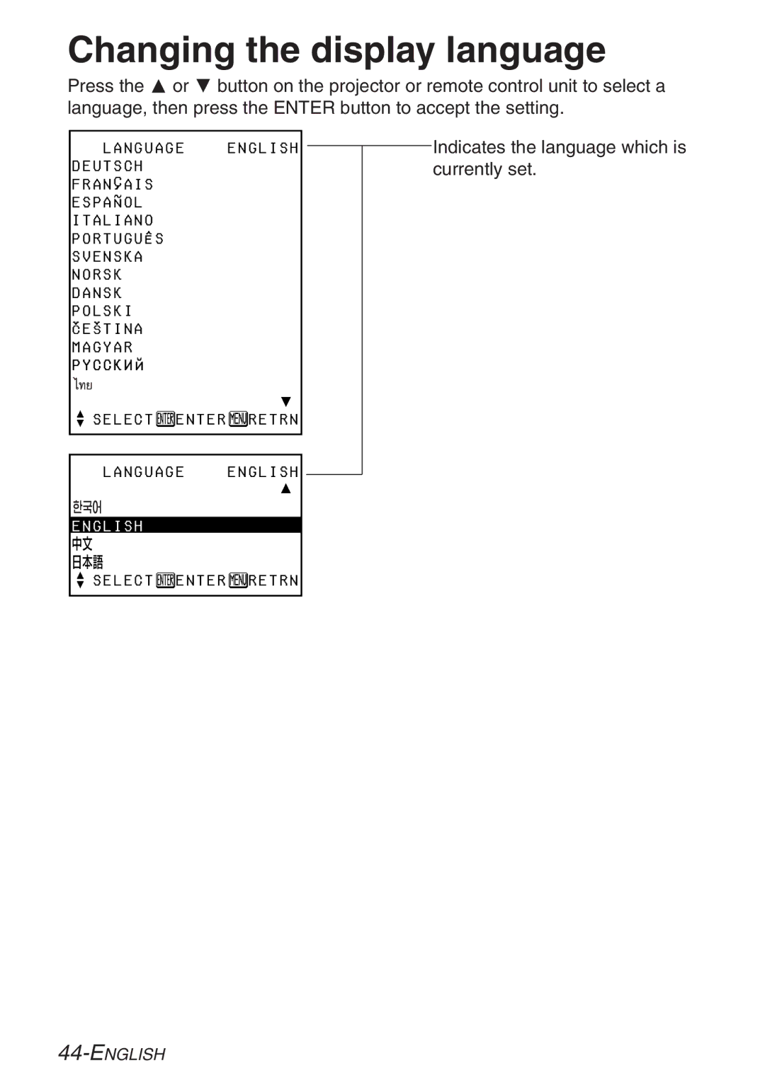 Panasonic PT-LB20NTE, PT-LB20E, PT-LB20VE, PT-LB20SE manual Changing the display language, Select Enter Retrn 